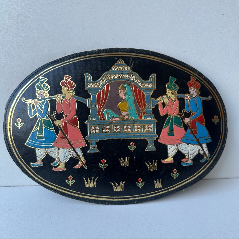 Antique Style Indo-Persian Leather Painting Gold Gilt Folk Art Bride Procession